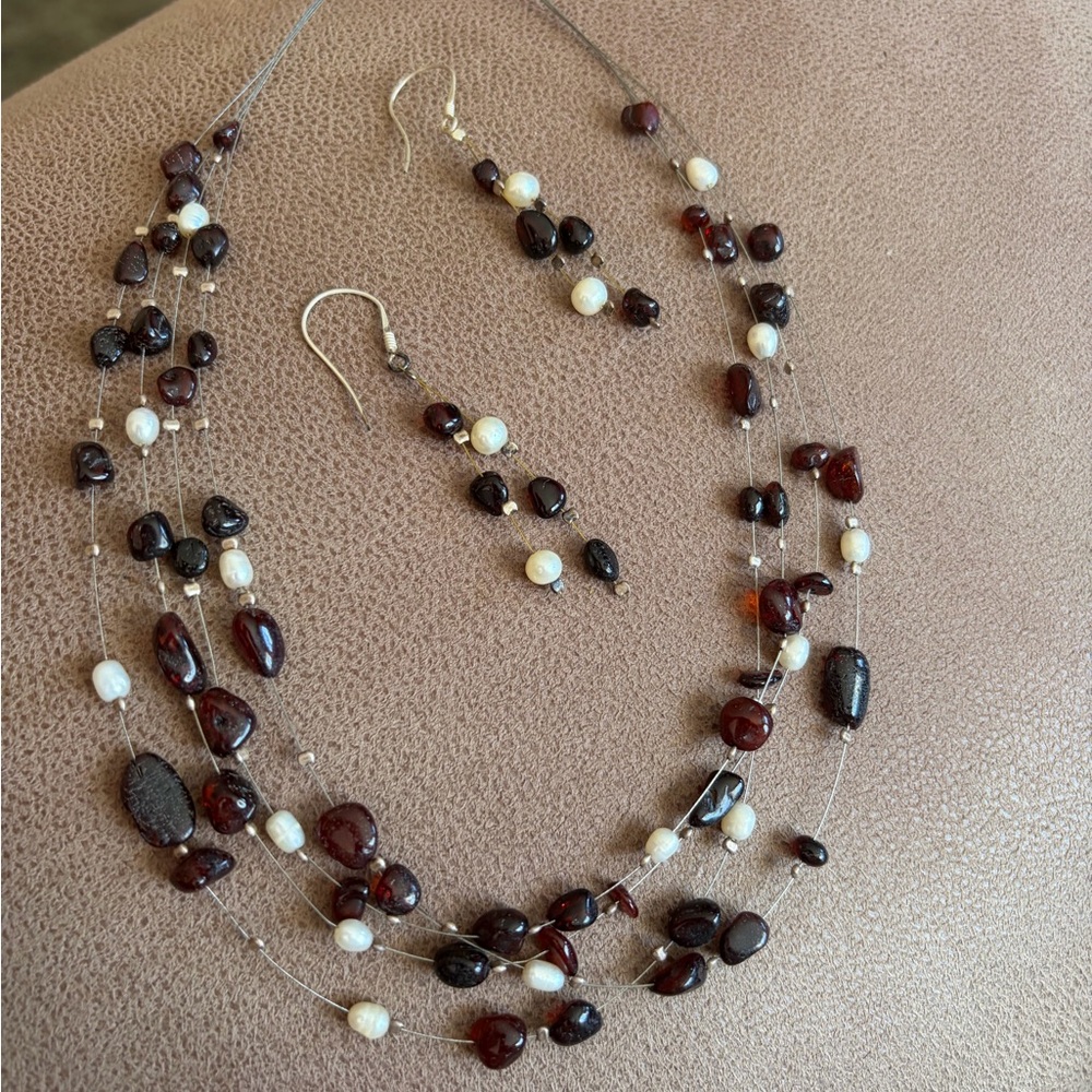 Multi-Strand Garnet and Freshwater Pearl Necklace with Matching Earrings